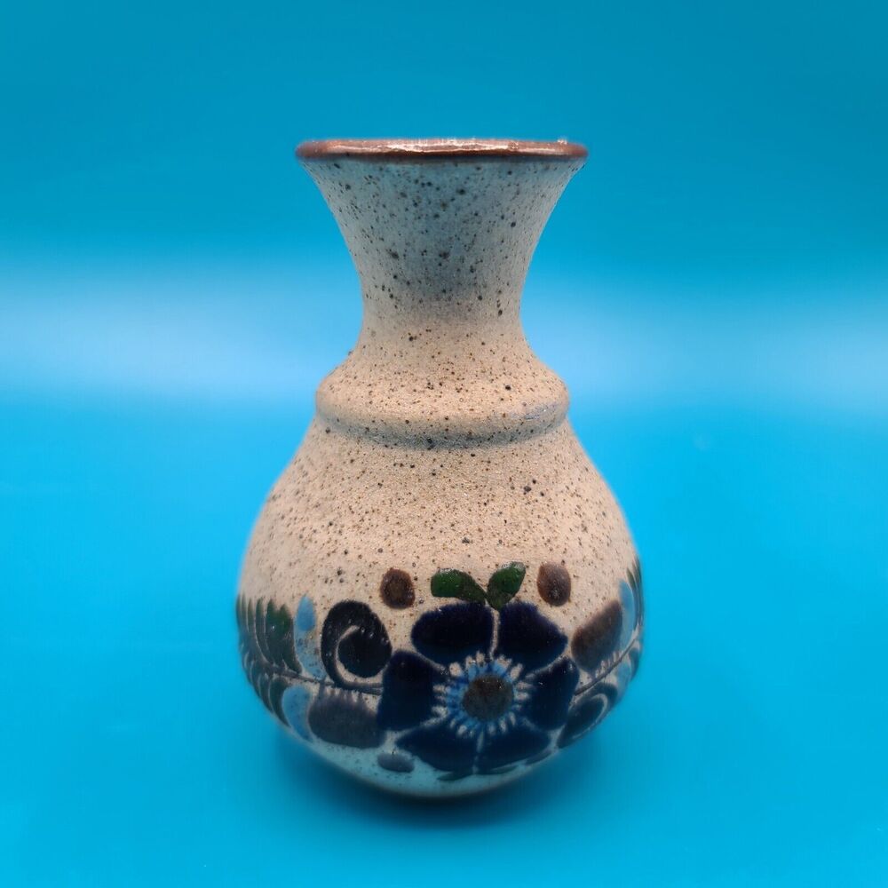 Art Pottery Tonala Mexico Floral Fern Mexican Folk Art Vase Signed Sandstone